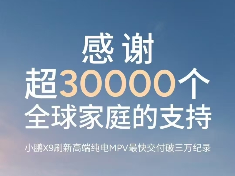 小鵬X9總銷量突破3萬臺 創高端純電MPV交付記錄
