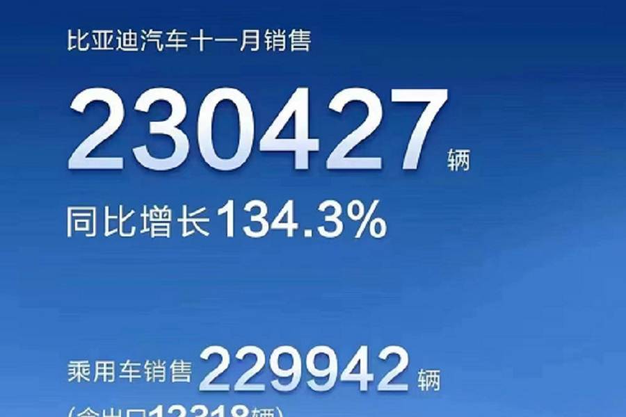 比亚迪汽车11月销量超23万辆，同比增长134%