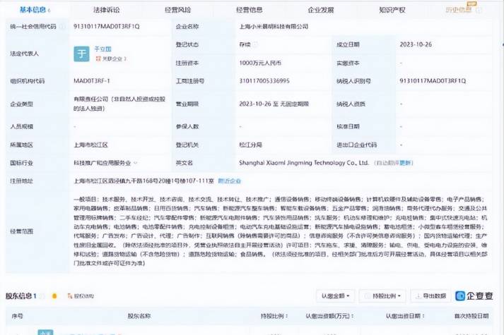 小米在上海成立新公司 經營范圍含新能源汽車整車銷售