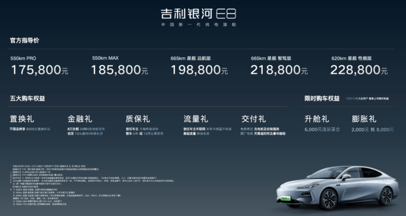 吉利银河E8全球首款量产一体式发光前脸纯电轿车正式上市