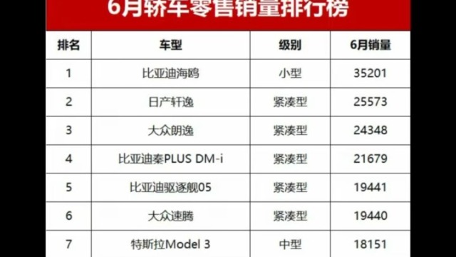 2024年6月轿车销量排行榜！ 海鸥夺冠