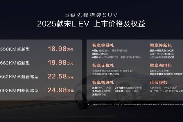 增配不加價！2025款宋L EV 18.98萬元起