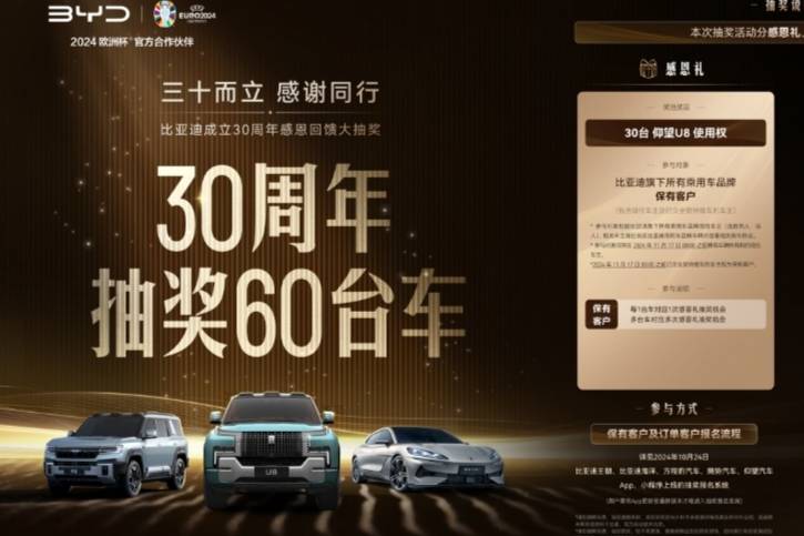 海洋車主狂喜 ，比亞迪30周年抽U8使用權