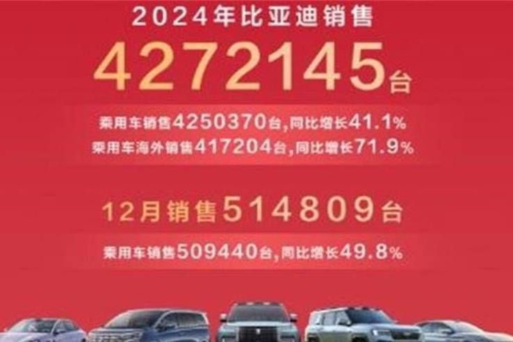 比亞迪2024年汽車出口增速位列中國汽車品牌第一