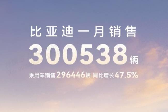 中国销冠 比亚迪25年1 月销售30 万台