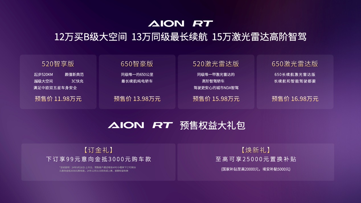 价格11.98万起 AION RT开启预售