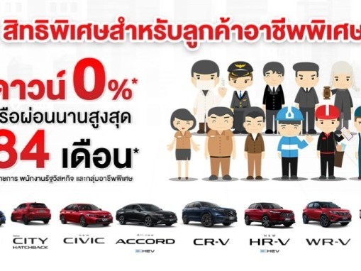 Honda ประเทศไทย: ฟรีค่าดาวน์+ผ่อนชำระในระยะเวลา 84 งวด, มีสิทธิพิเศษสำหรับผู้ที่มีอาชีพพิเศษในการซื้อรถ!